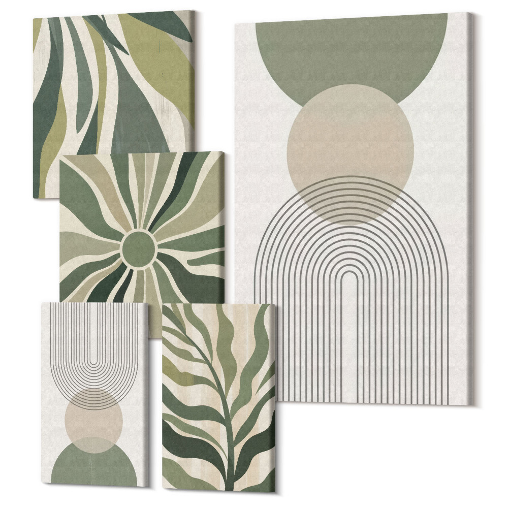 Sada obrazů na zeď pentaptych Stylové abstrakce v odstínech zelené a béžové