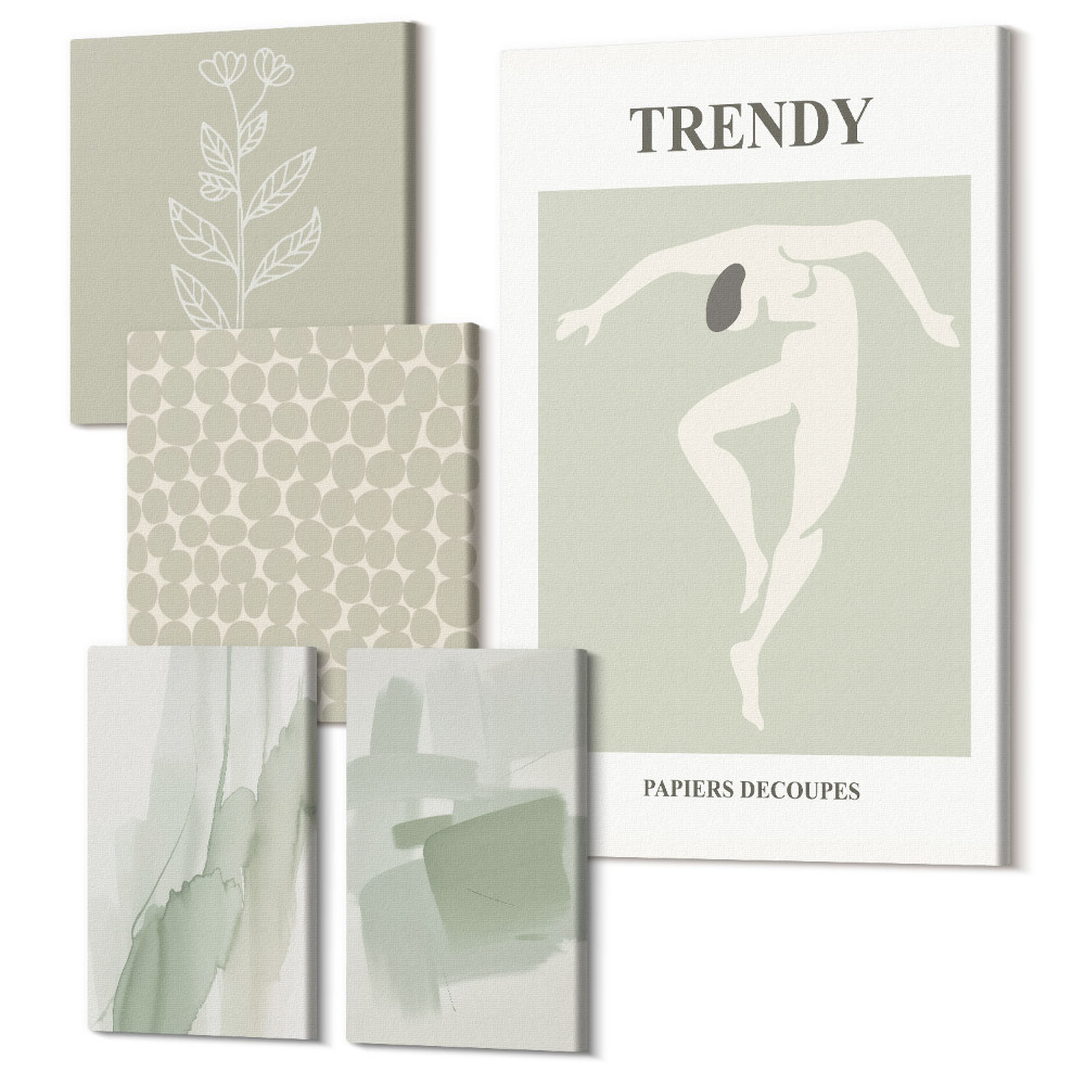 Sada obrazů pentaptych Stylová grafika v odstínech zelené s abstraktními motivy