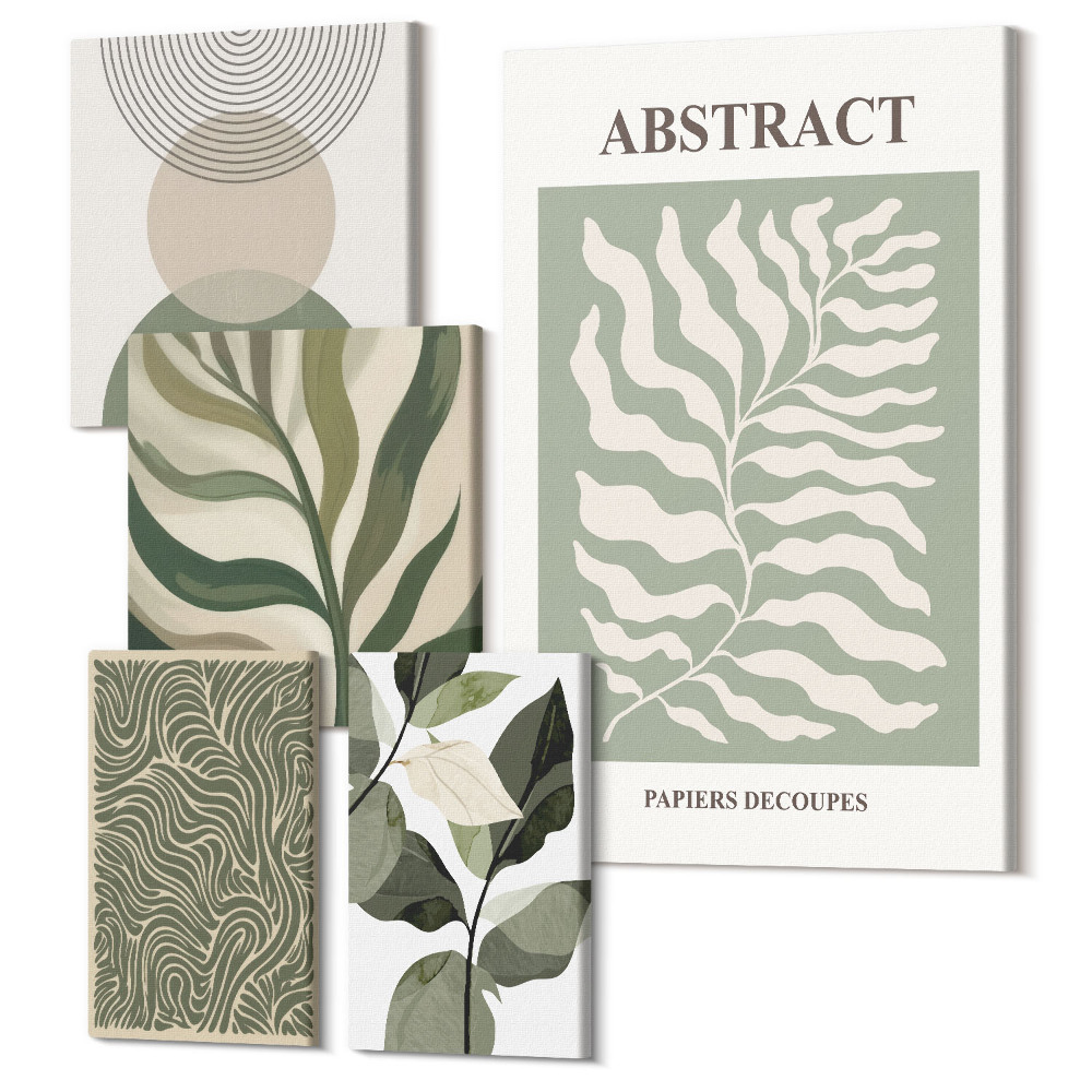 Sada 5 obrazů Abstraktní kompozice s rostlinnými motivy a vzory