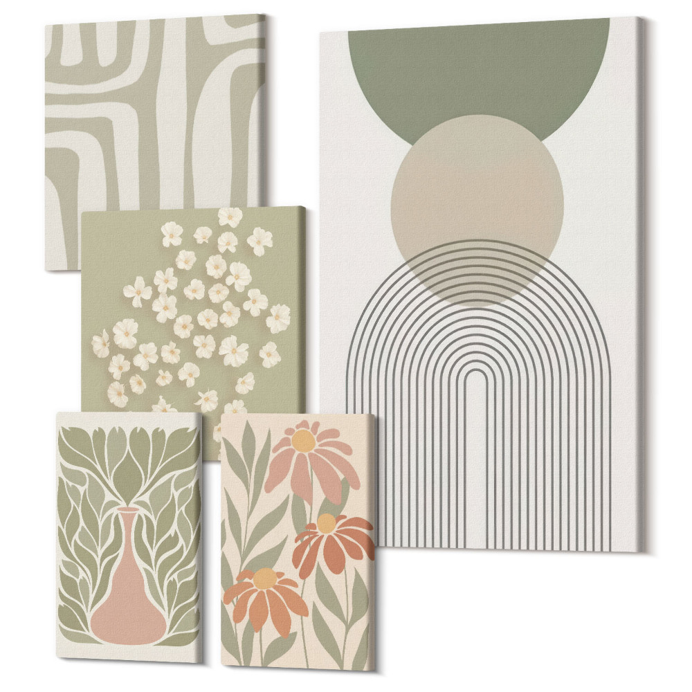 Sada 5 obrazů Stylová grafika v pastelových odstínech s rostlinnými motivy