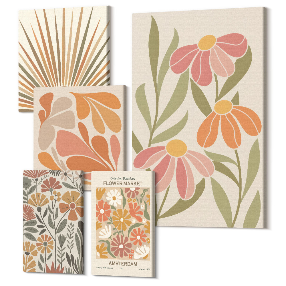 Sada obrazů pentaptych Boho styl květinové motivy a geometrické tvary