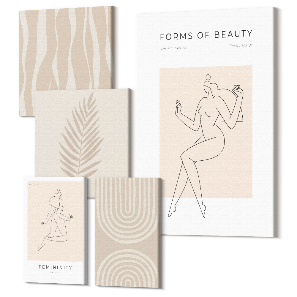 Sada obrazů na zeď pentaptych Formy krásy, minimalistické motivy a dekorativní linie