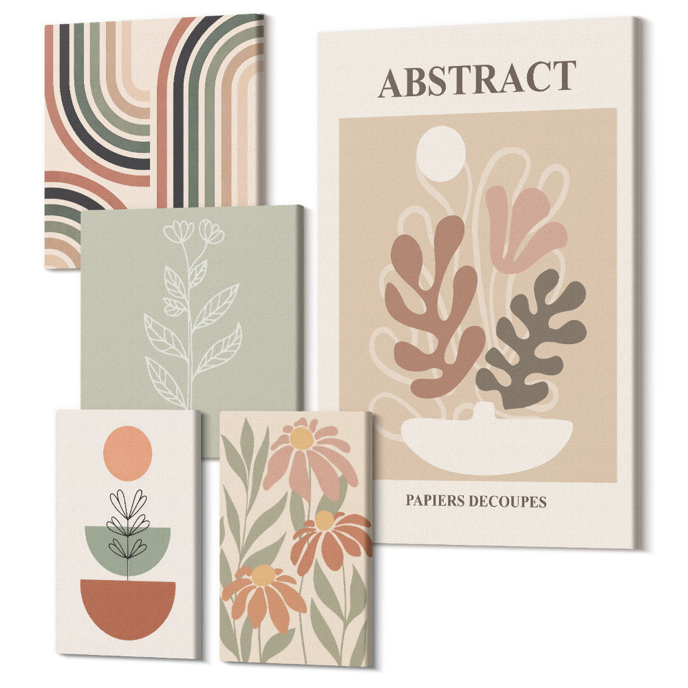 Sada obrazů na zeď pentaptych Stylové abstraktní rostlinné a geometrické vzory