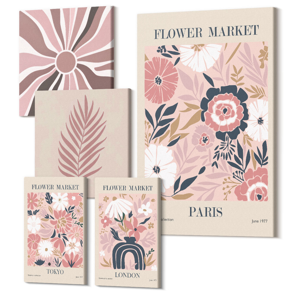 Sada obrazů pentaptych Květinové trhy ze světových měst boho styl