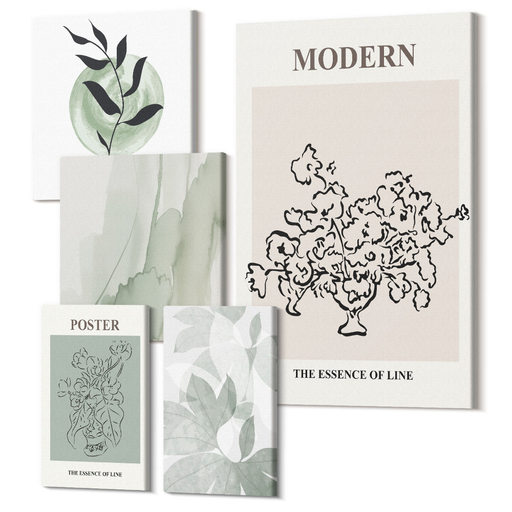 Sada obrazů pentaptych Moderní dekorace v minimalistickém stylu s rostlinnými motivy