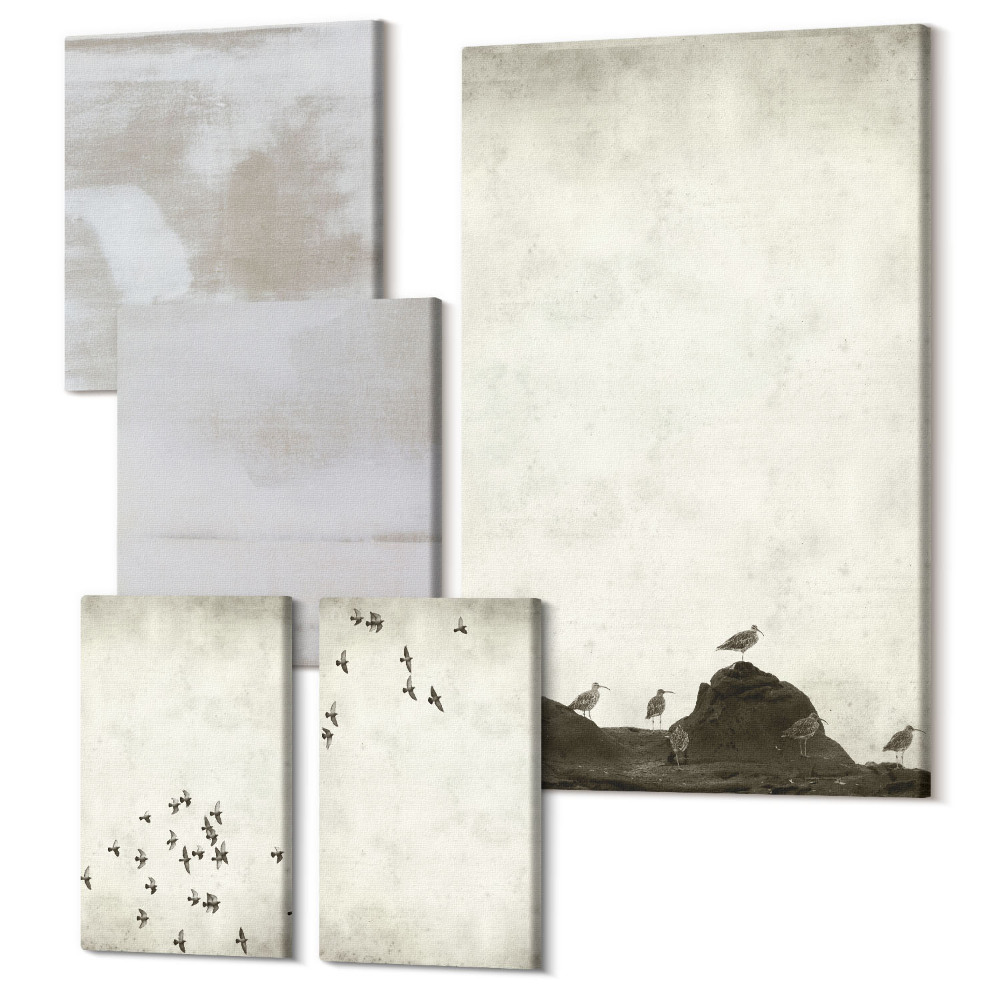 Sada obrazů pentaptych Ptáci v letu a zoufalé textury v minimalistickém stylu