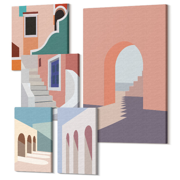 Sada 5 obrazů Pastelově minimalistická grafika městské architektury