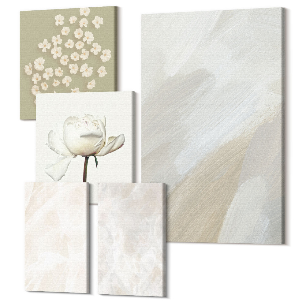 Sada 5 obrazů Květiny a trendy textury jemný boho styl
