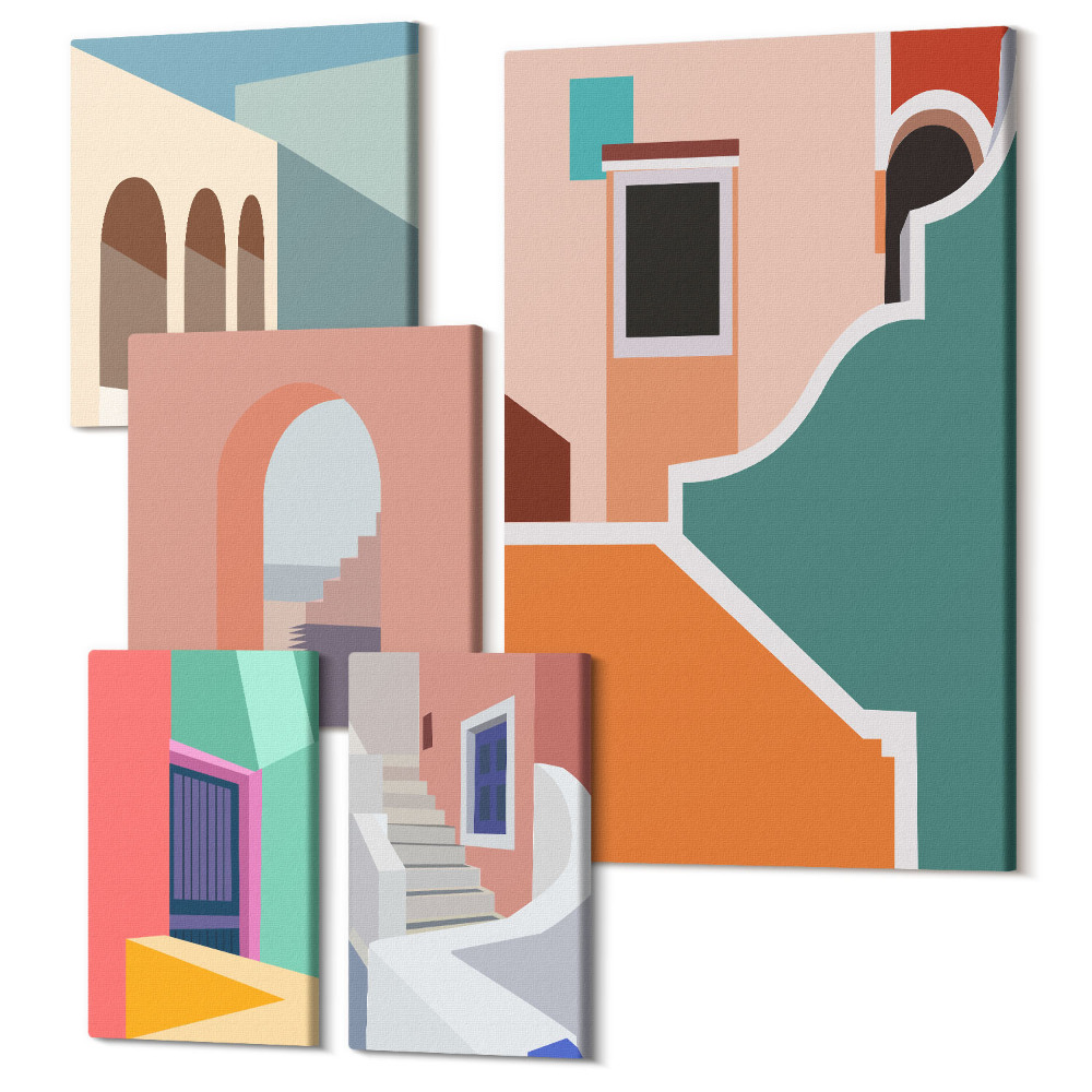 Sada obrazů na zeď pentaptych Barevné ilustrace budov v moderním stylu