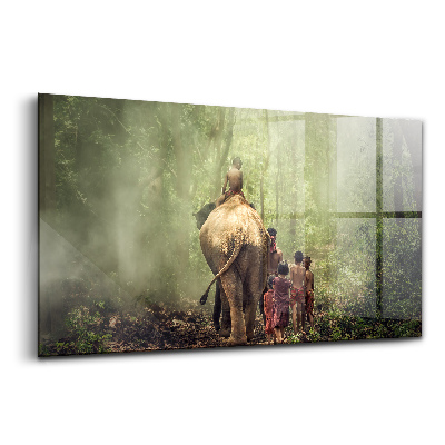 Luxusní skleněný obraz Děti vedoucí slona