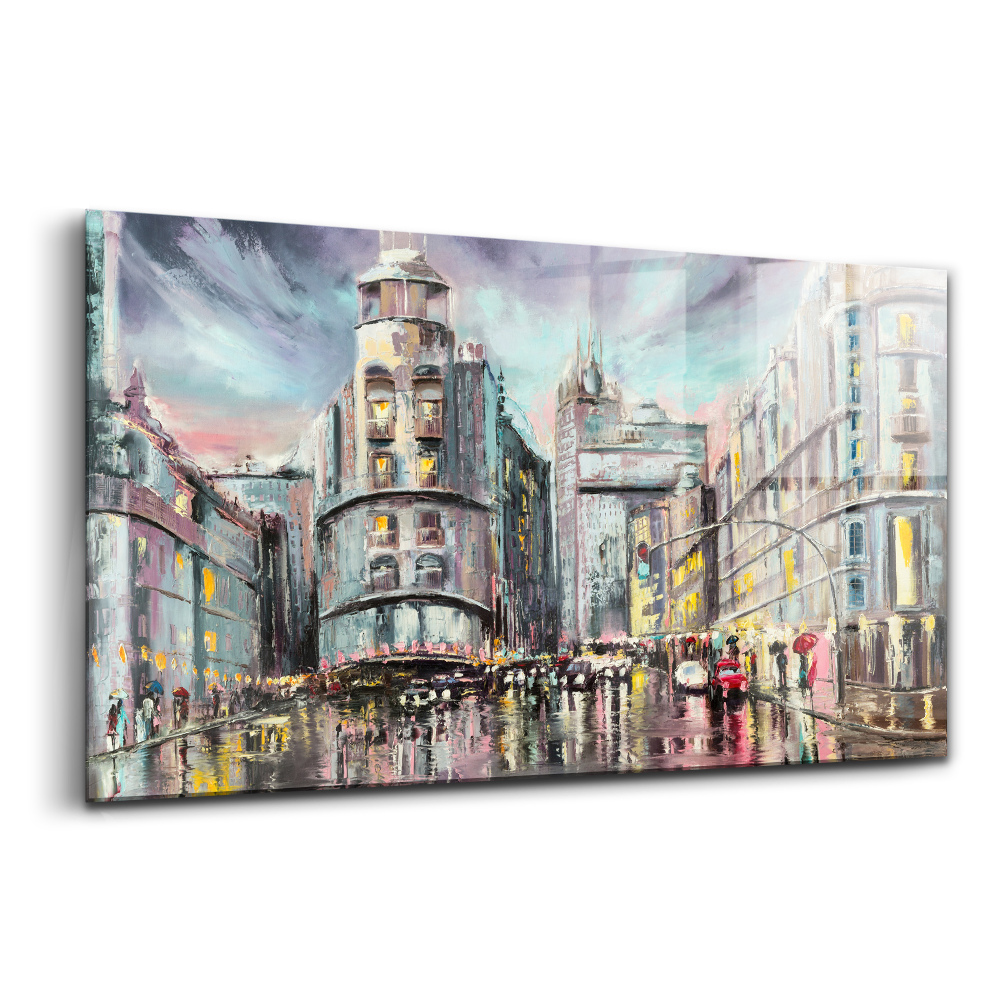 Skleněný obraz Deštivé město na procházce v dešti