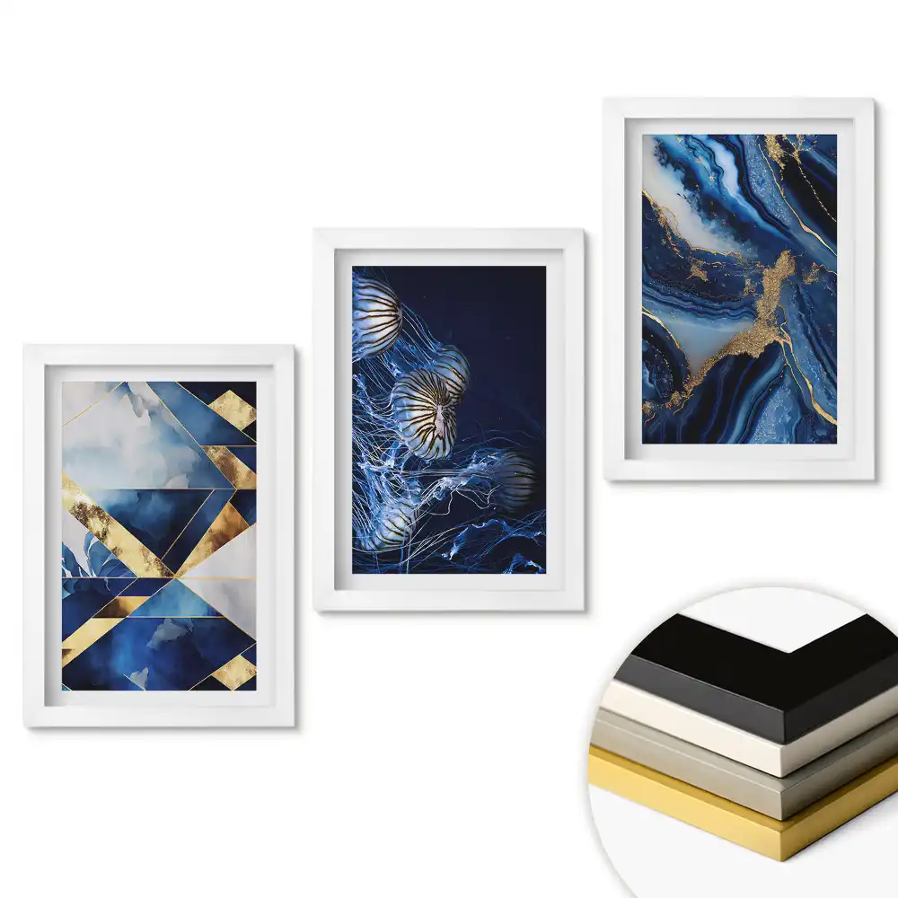 Set obrazů do obývacího pokoje Elegance v odstínech modré a zlaté