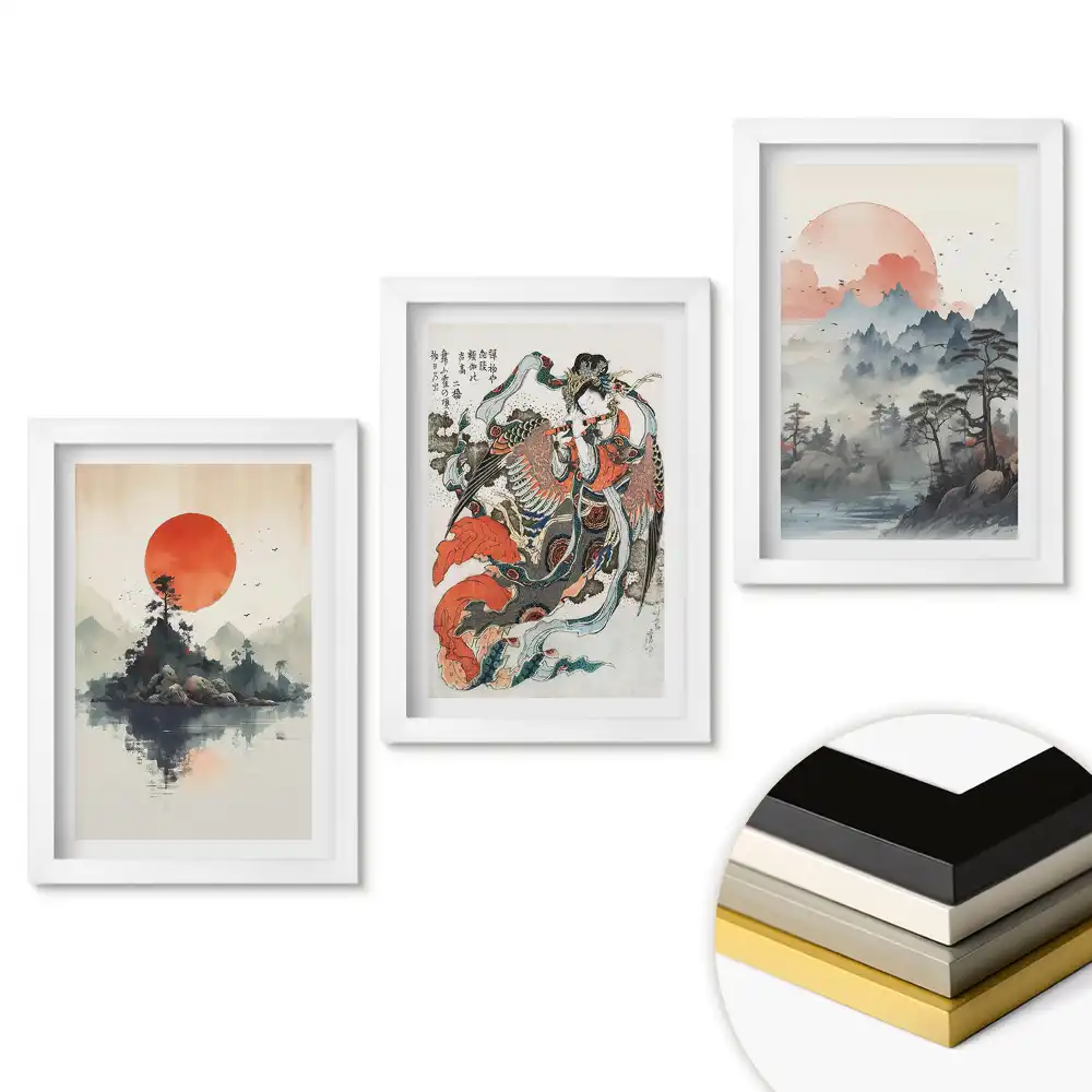 Sada obrazů do obývacího pokoje Japonská krajina s rudým sluncem