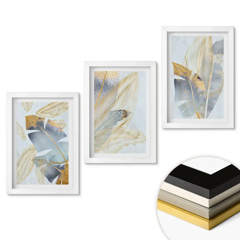 Triptych Zlaté listy na jemném pozadí v rámu