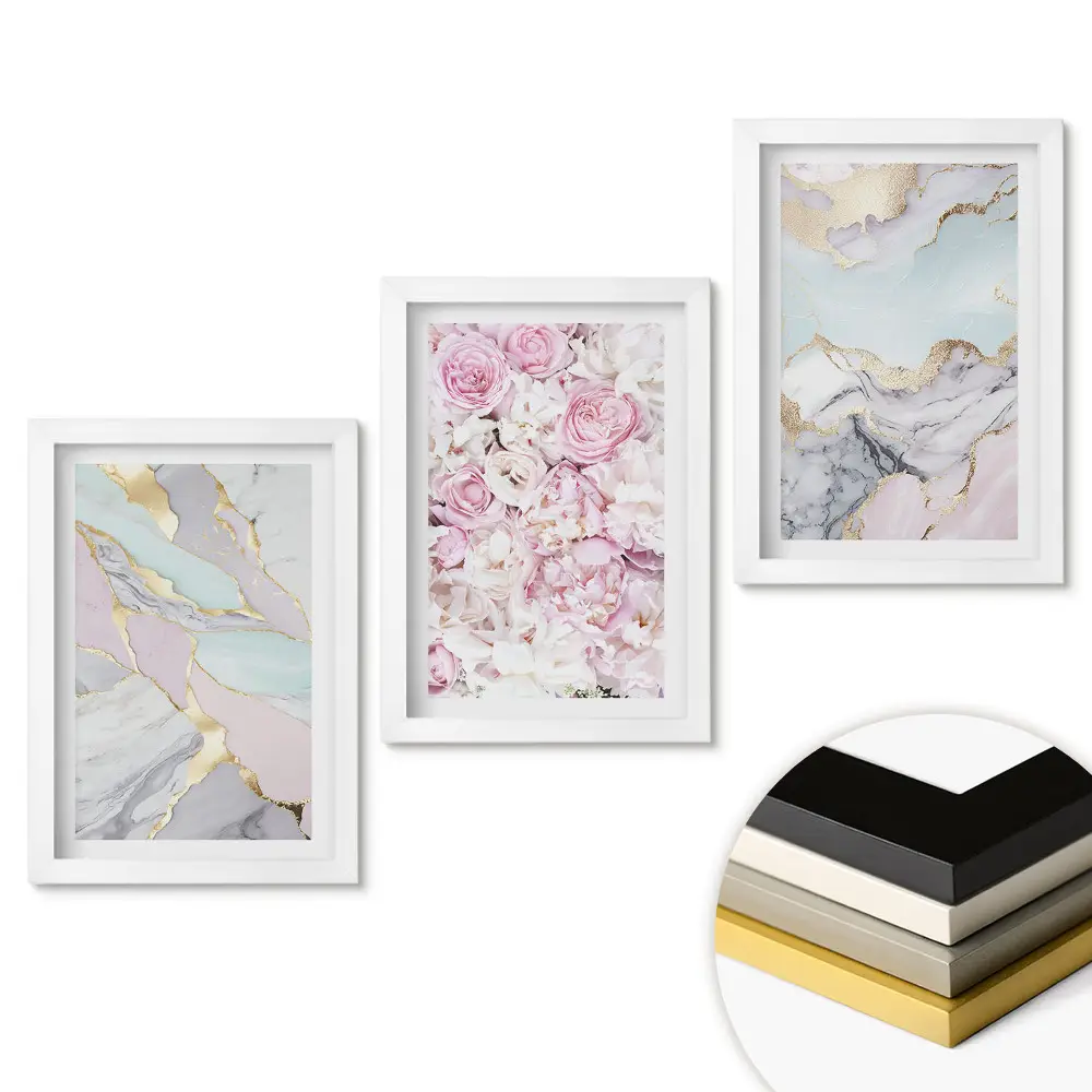 Triptych v rámu Elegantní kolekce mramorových a květinových vzorů