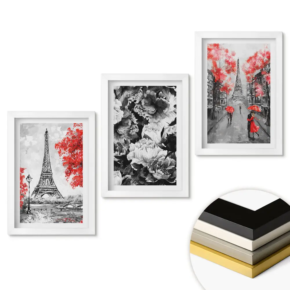 Triptych Eiffelova věž v rámu s červenými akcenty