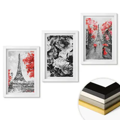 Triptych Eiffelova věž v rámu s červenými akcenty