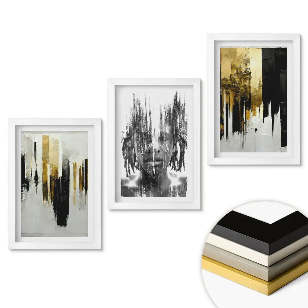 Triptych v rámu Abstraktní kombinace černé a zlaté