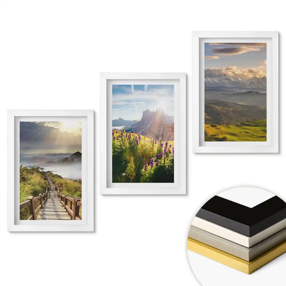 Triptych v rámu Malebná horská a květinová krajina