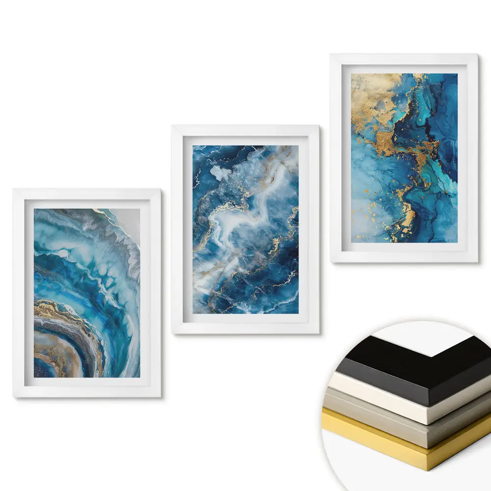 Triptych Modré abstrakce se zlatými akcenty v rámu