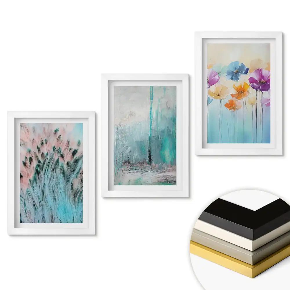 Triptych v rámu Barevné abstrakce a květinové motivy