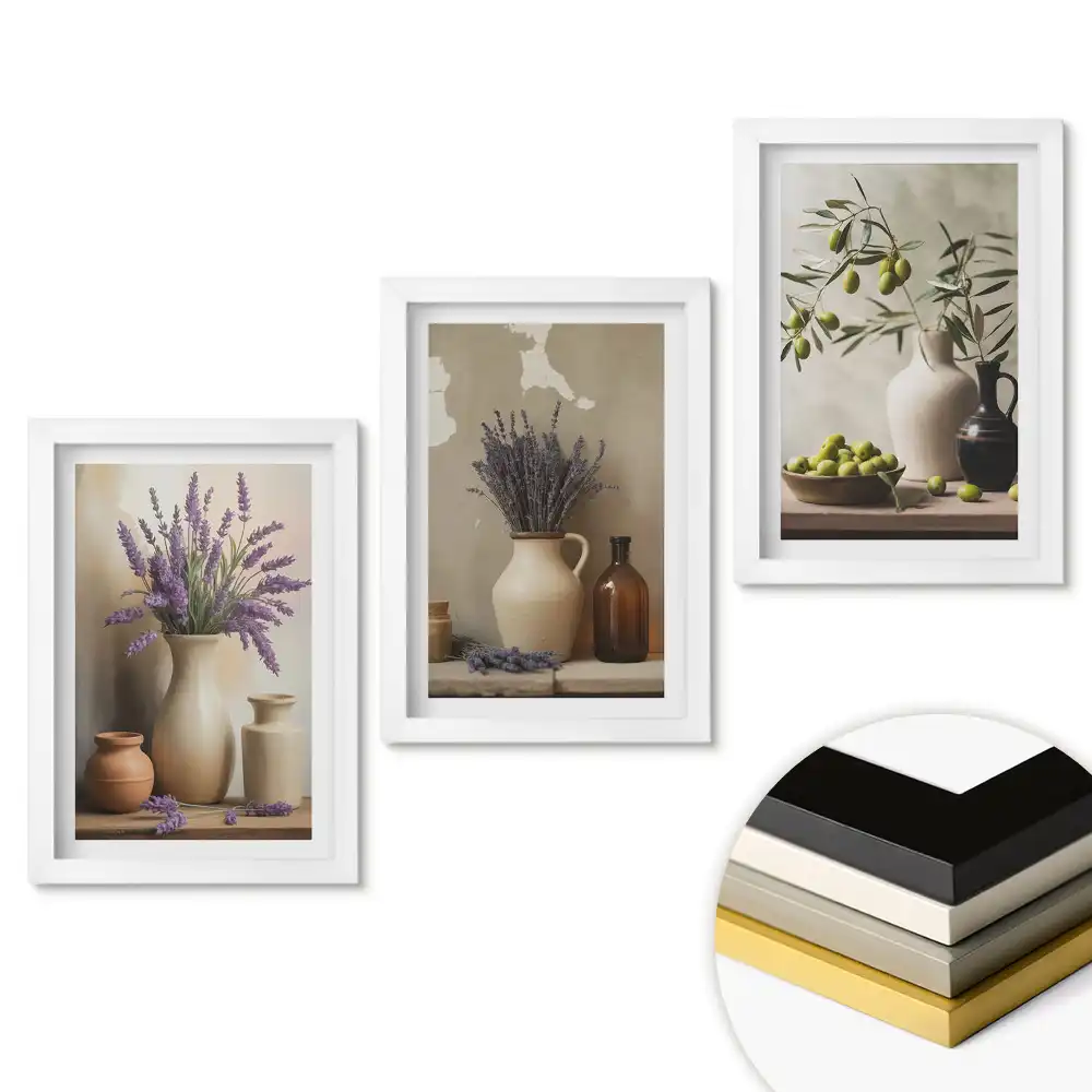 Triptych Květiny a olivy v rustikálním stylu v rámu