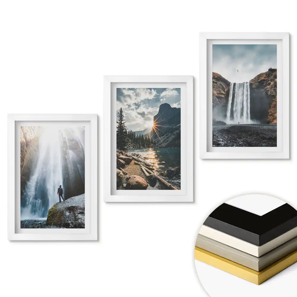 Triptych Vodopády v malebné přírodní krajině v rámu