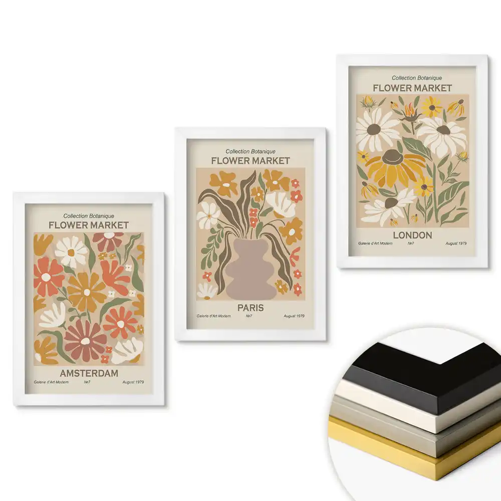 Triptych Květinové trhy ve třech městech v rámu