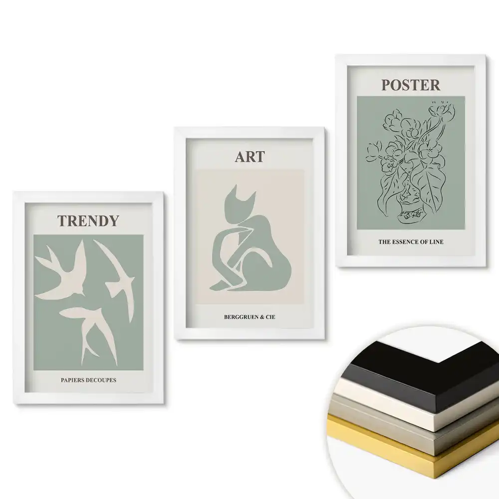 Set obrazů do obýváku Moderní grafika v tlumených barvách
