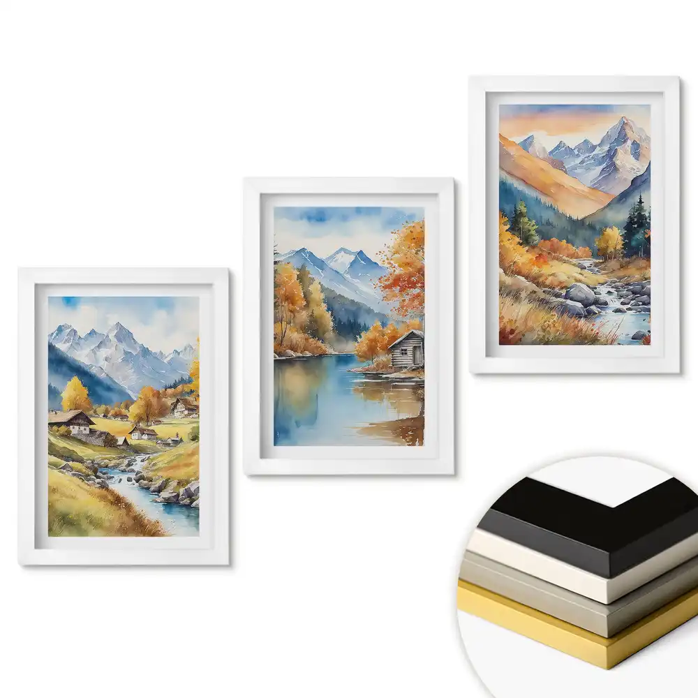 Triptych v rámu Malebné horské krajiny v akvarelu