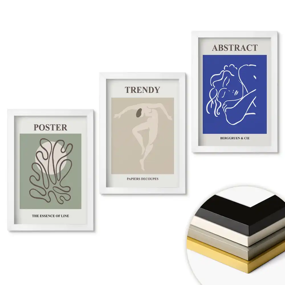 Moderní triptych v rámu s interiérovou grafikou