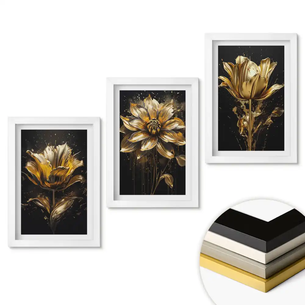 Triptych v rámu Zlaté květy na černém pozadí