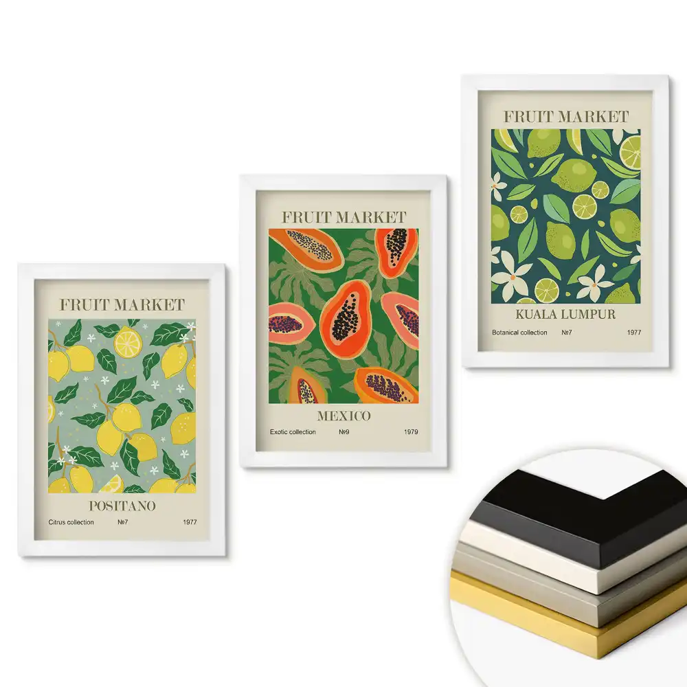 Triptych Trh s ovocem z celého světa v rámu
