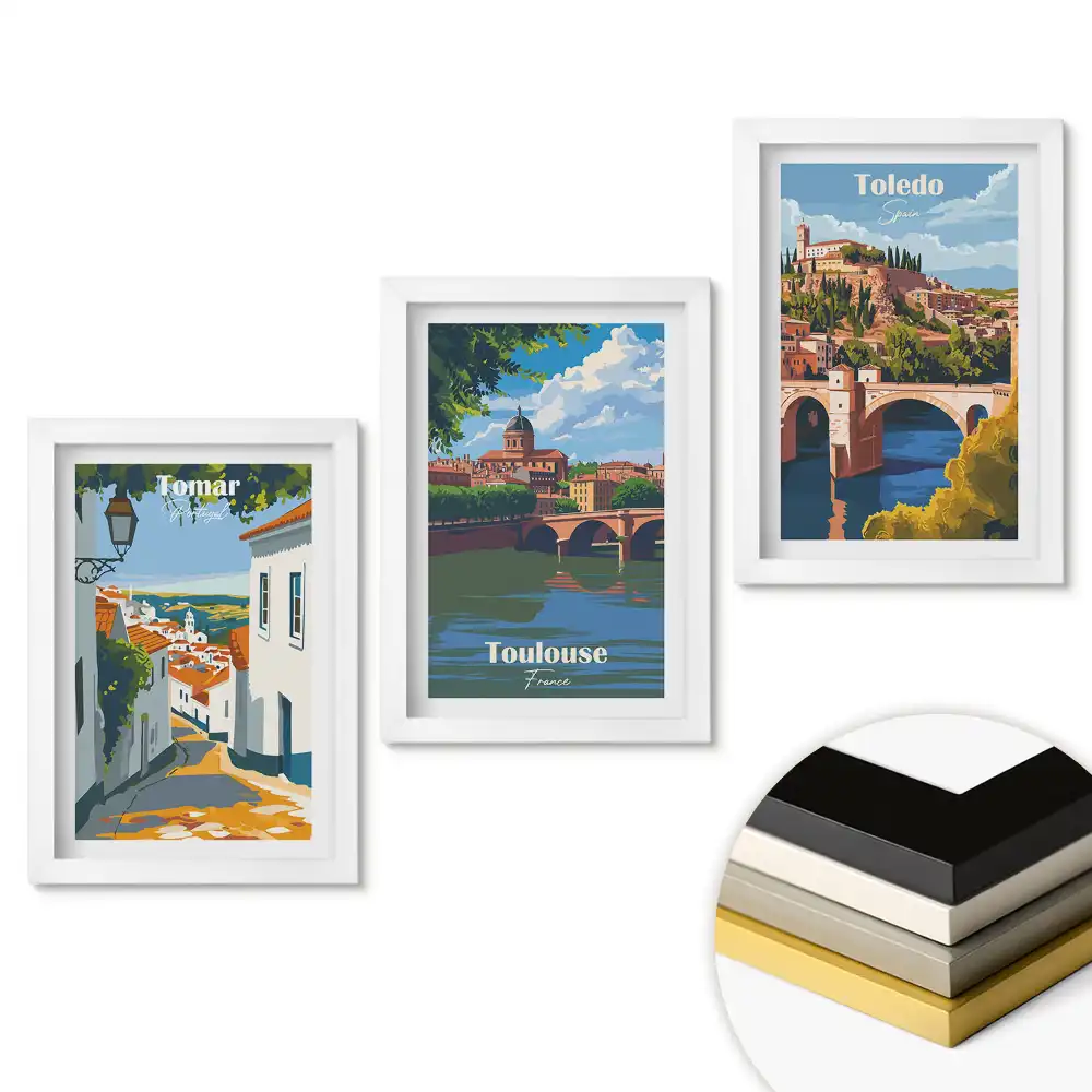Set obrazů do obývacího pokoje Okouzlující evropská města v ilustracích