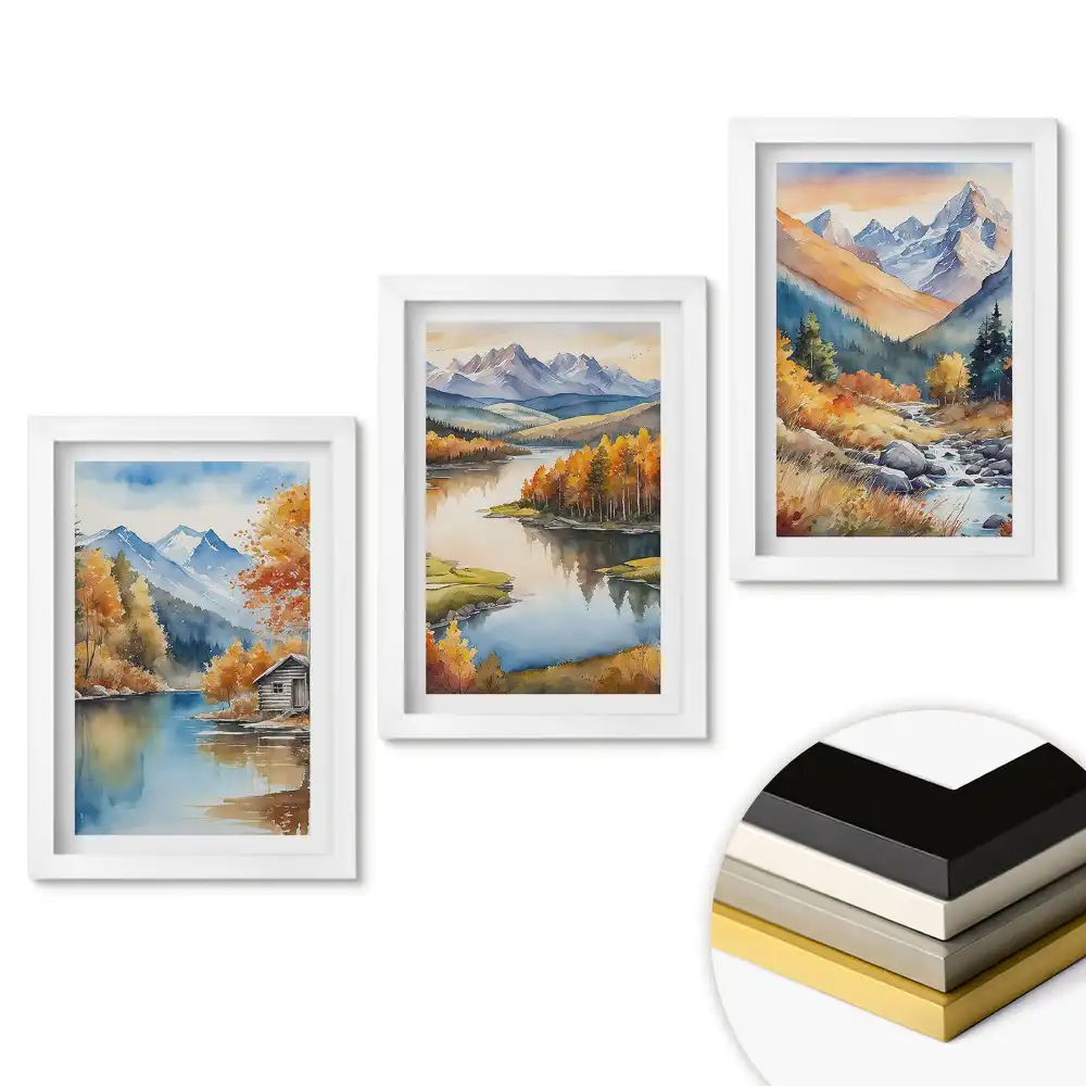 Set obrazů do obývacího pokoje Podzimní horská krajina u vody