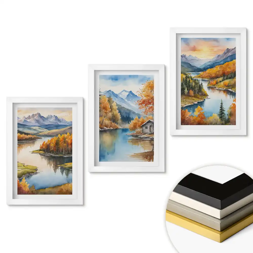 Triptych v rámu Podzimní horská a vodní krajina