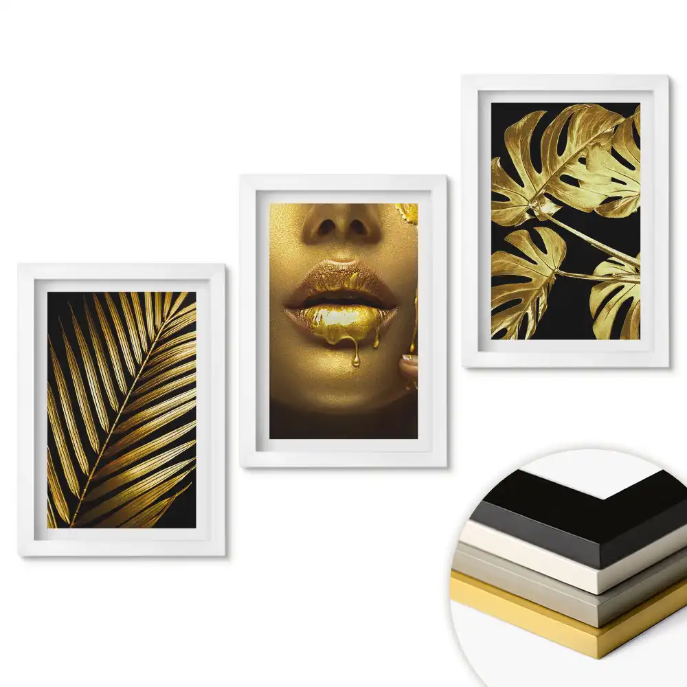 Moderní triptych v rámu se zlatými akcenty