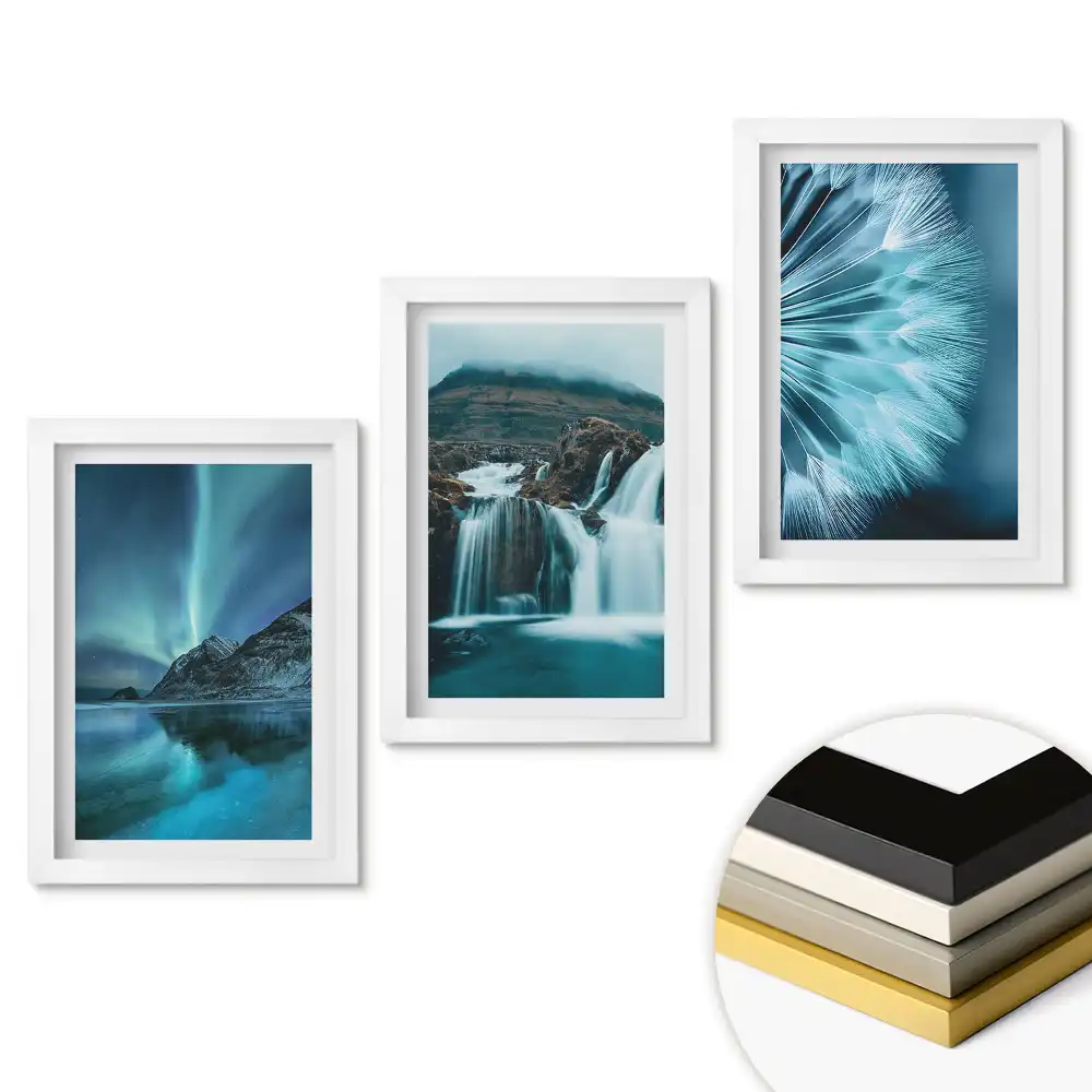 Triptych Snové krajiny v modrých odstínech v rámu