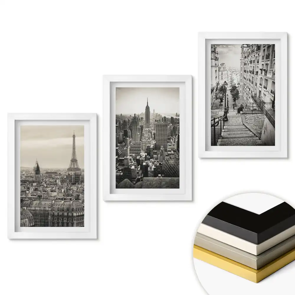 Triptych Městské scenérie v odstínech šedé v rámu