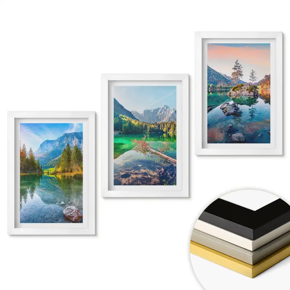 Triptych v rámu s motivem malebné horské a vodní krajiny