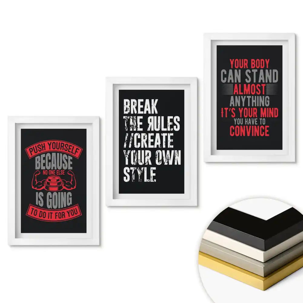 Triptych v rámu s motivačními slogany pro cvičení a život