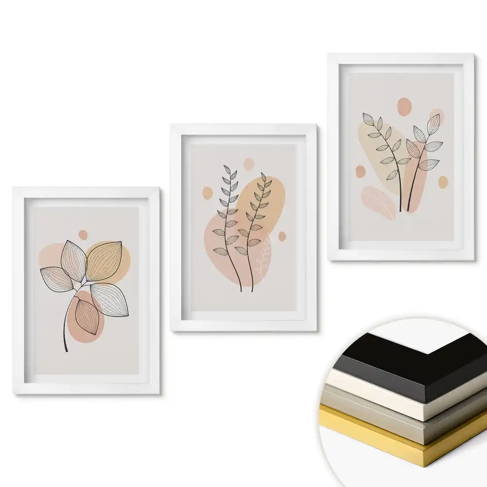 Sada obrazů do obývacího pokoje se stylovou botanickou grafikou