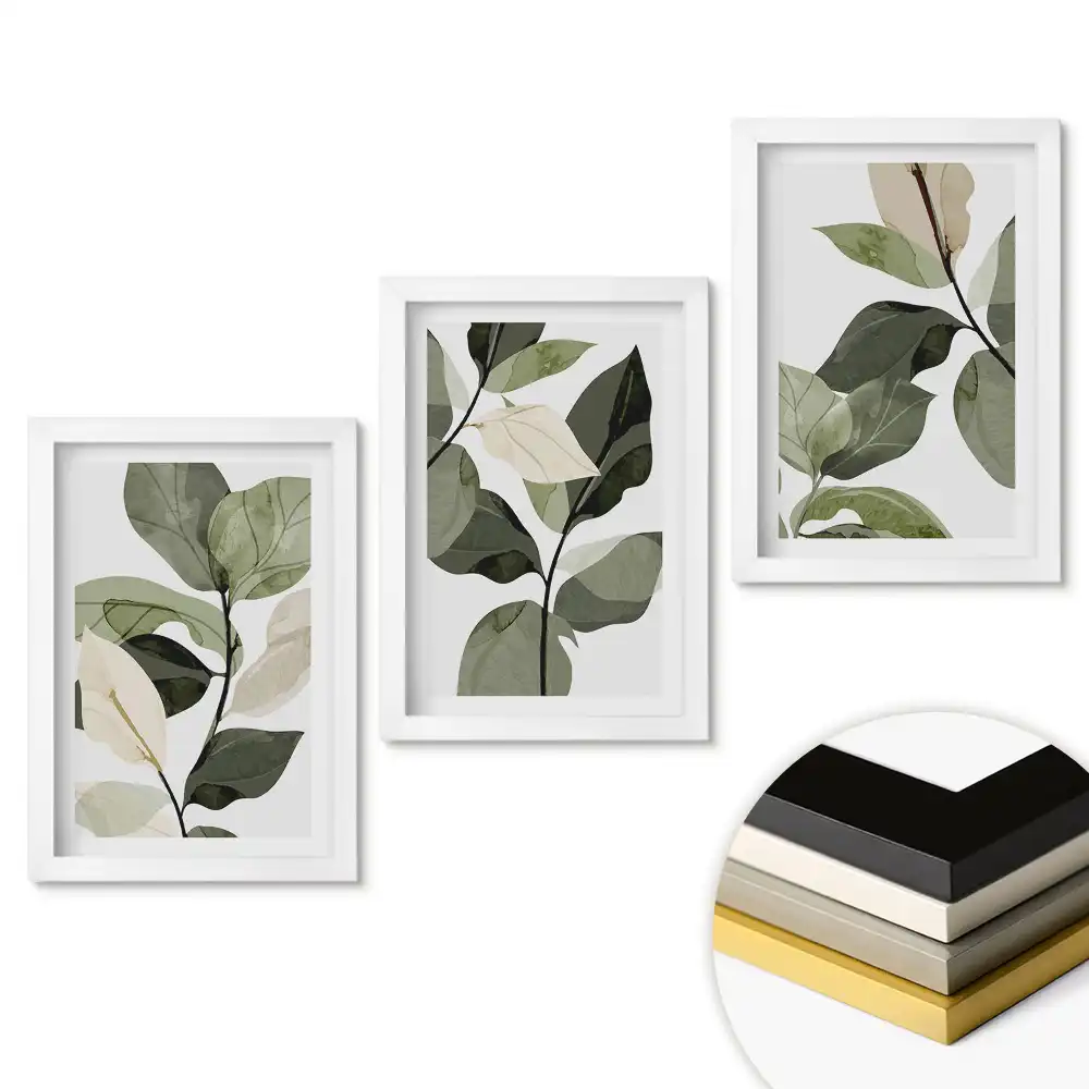 Set obrazů do obývacího pokoje Elegance listů v minimalistickém stylu