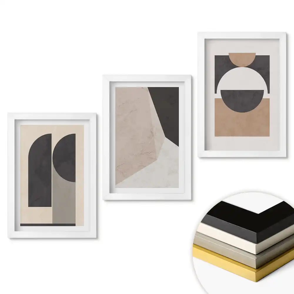 Triptych v rámu Abstraktní tvary v tlumených barvách