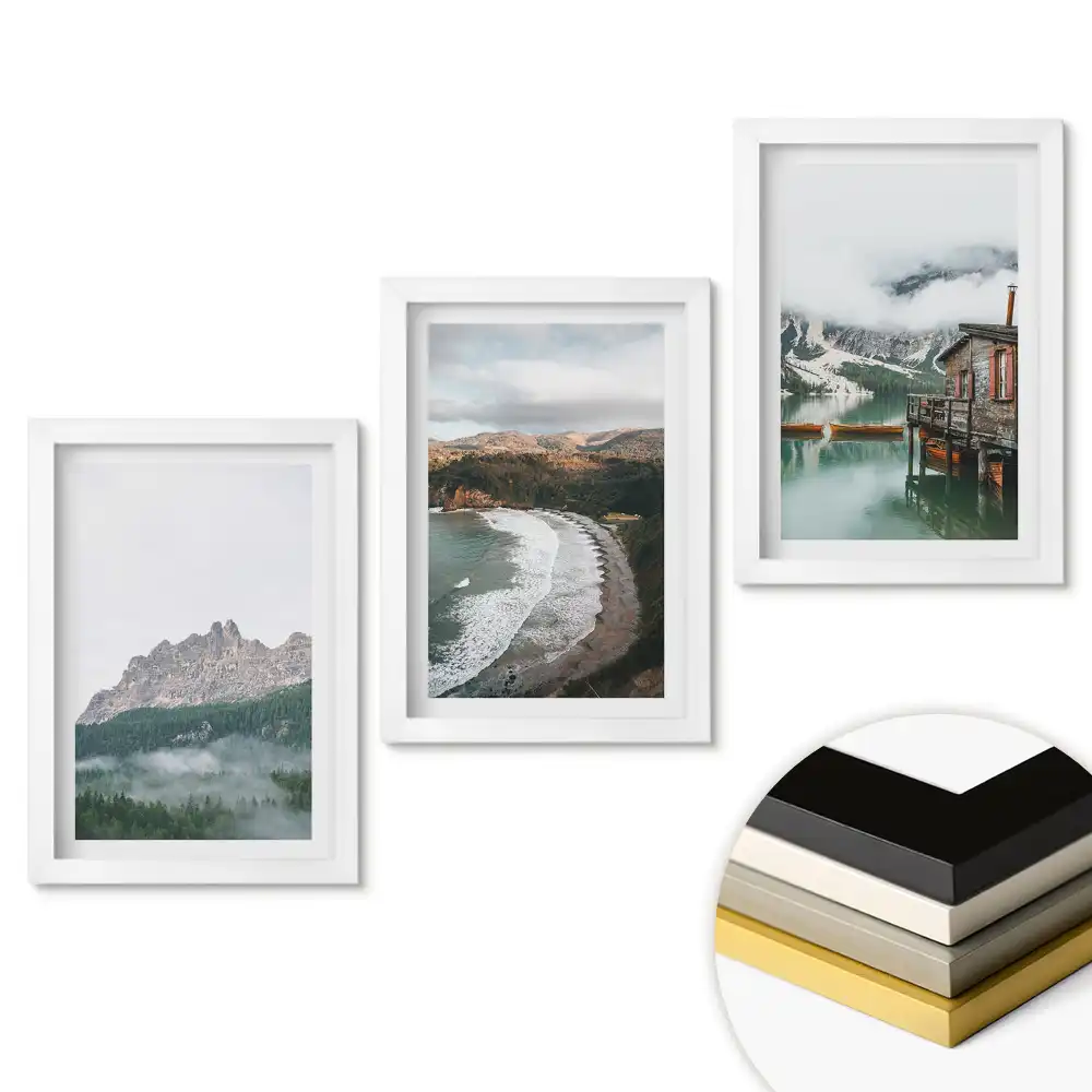 Triptych v rámu Malebná horská a přímořská krajina