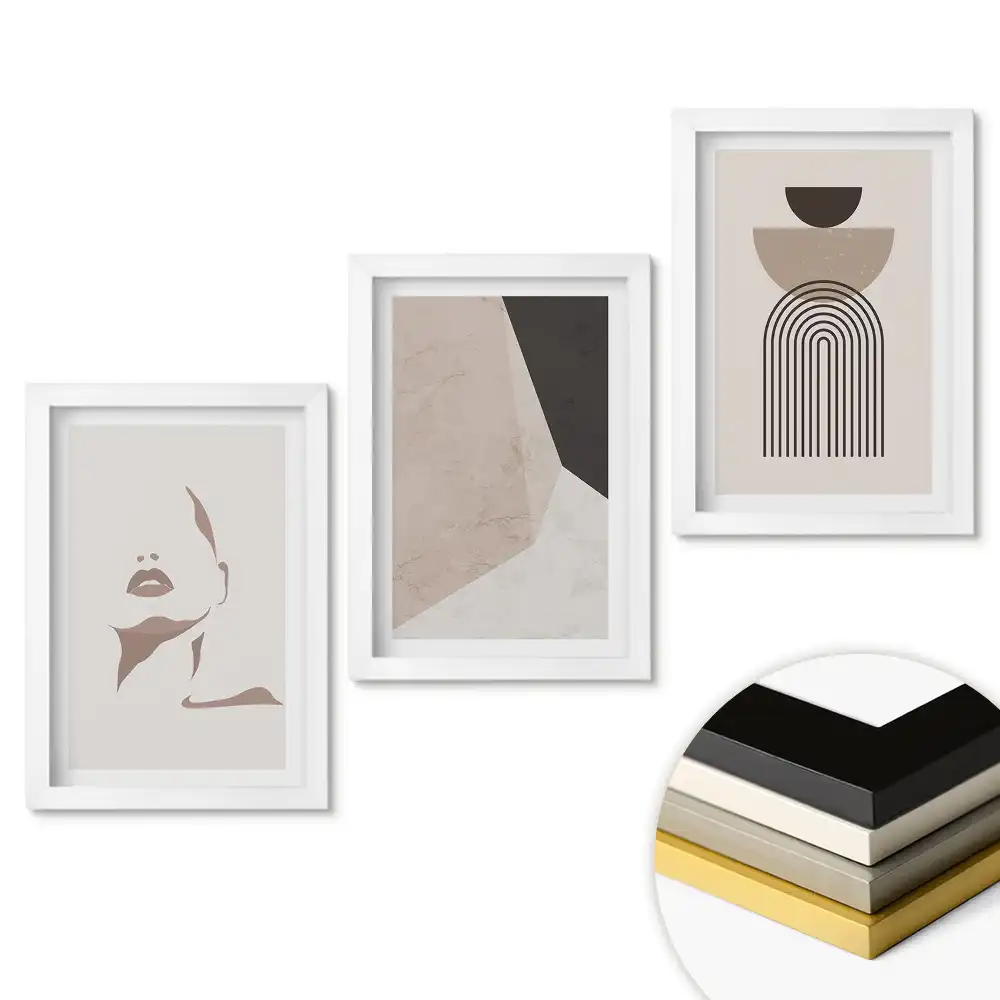 Triptych v rámu s abstraktními tvary a minimalistickými liniemi