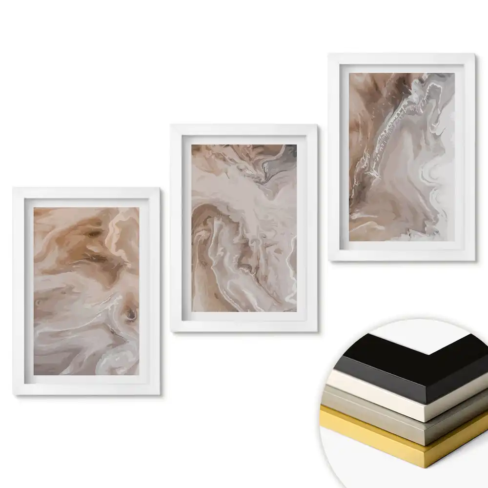 Triptych v rámu s abstraktními vzory v neutrálních odstínech