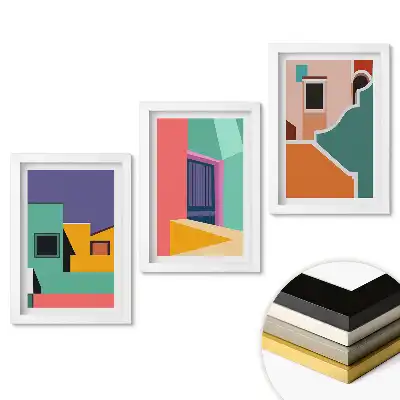 Triptych Abstraktní barvy a geometrické tvary v rámu