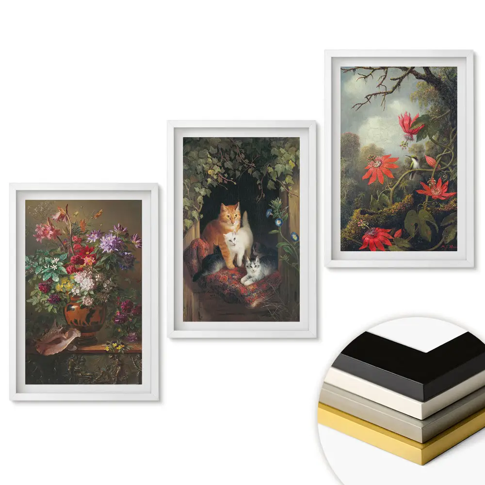 Triptych Květiny a kočky v rámu