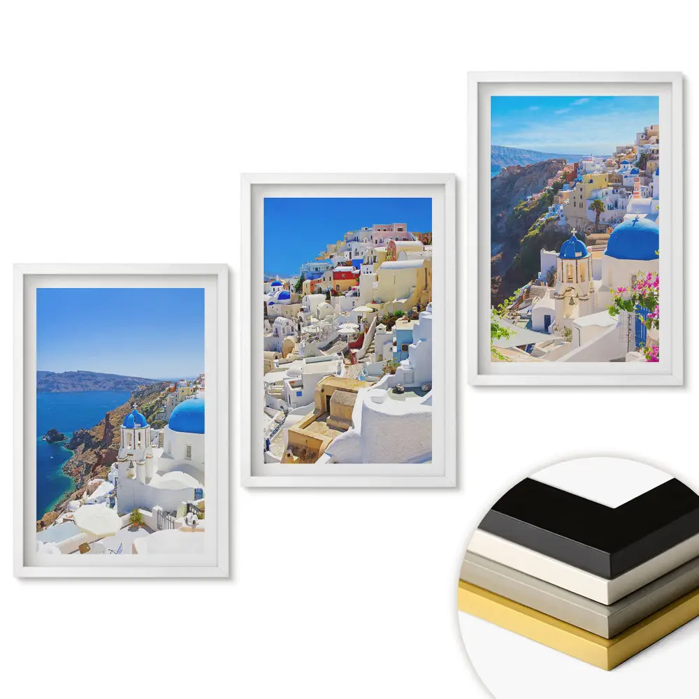 Set obrazů do obývacího pokoje Malebné výhledy na Santorini na slunci